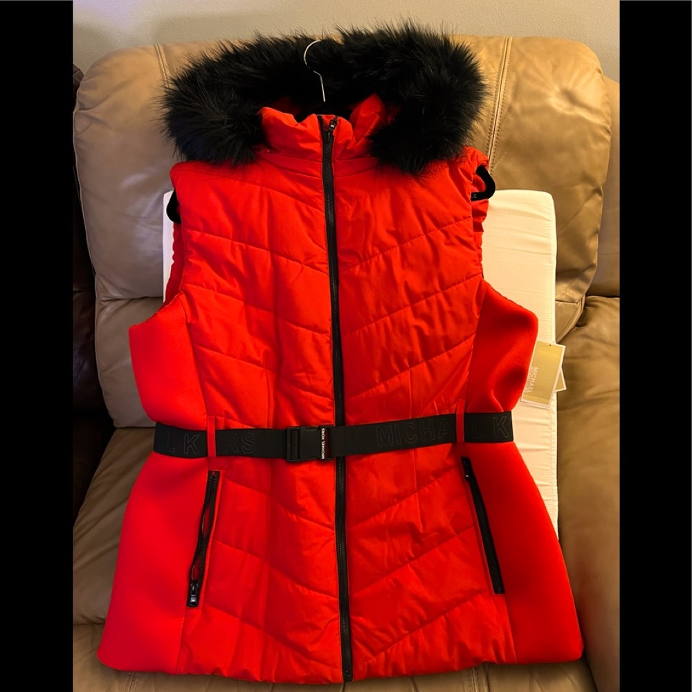 MICHAEL MICHAEL KORS Faux Fur Trim Quilted Vest Size XL